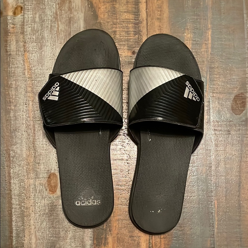 Adidas Black and Silver Slide Sandals